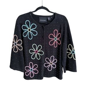 MICHAEL SIMON Beaded Flower Cardigan Black Y2K Retro Whimsical Collectible Sz 1X